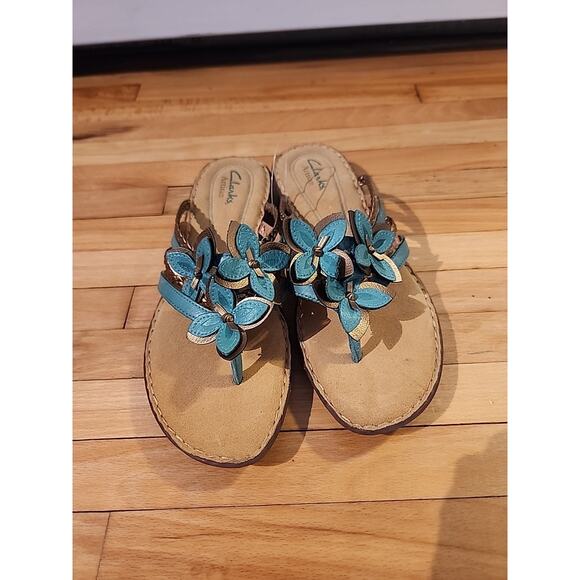 Clarks Artisan Sandals Womens Size 7.5M Thong Wedge Teal Leather Comfort - Picture 2 of 5